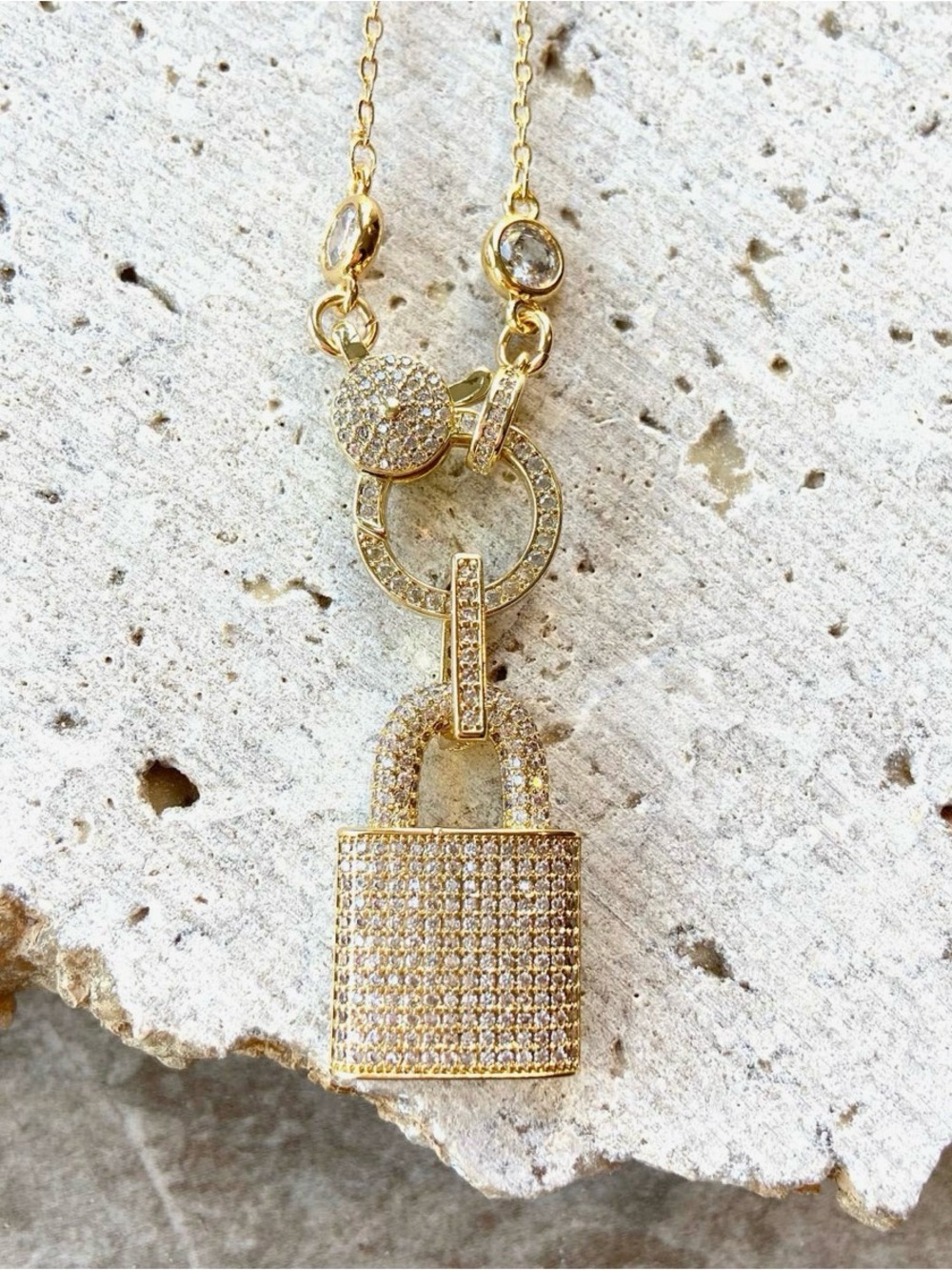 Gold Pavé Crystal Padlock Pendant Necklace